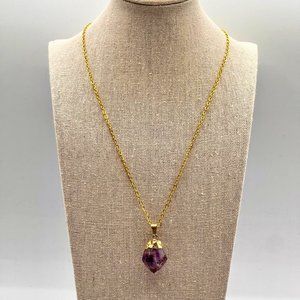 AMETHYST ROUGH CUT CRYSTALLINE MINERAL PENDANT DIPPED IN GOLD TONED NECKLACE 19"